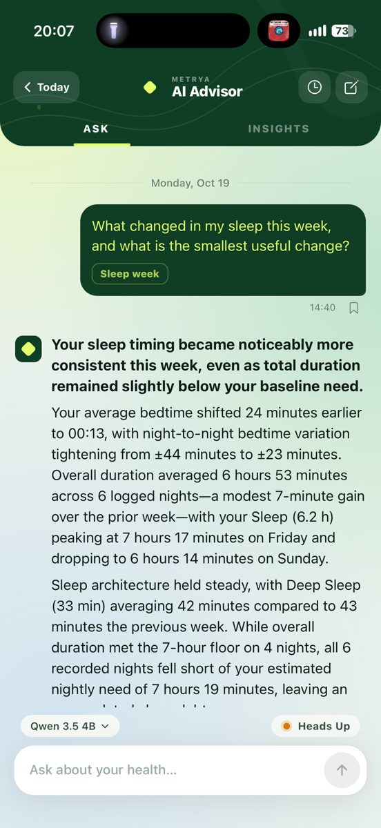Metrya AI Advisor on iPhone answering a question about last week's sleep with Qwen 3.5 4B running on the device.
