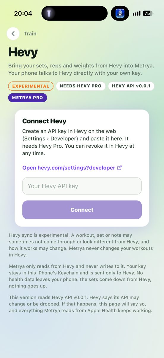 Metrya Hevy screen on iPhone: paste your Hevy API key to connect. Labels: experimental, needs Hevy Pro, Metrya Pro.