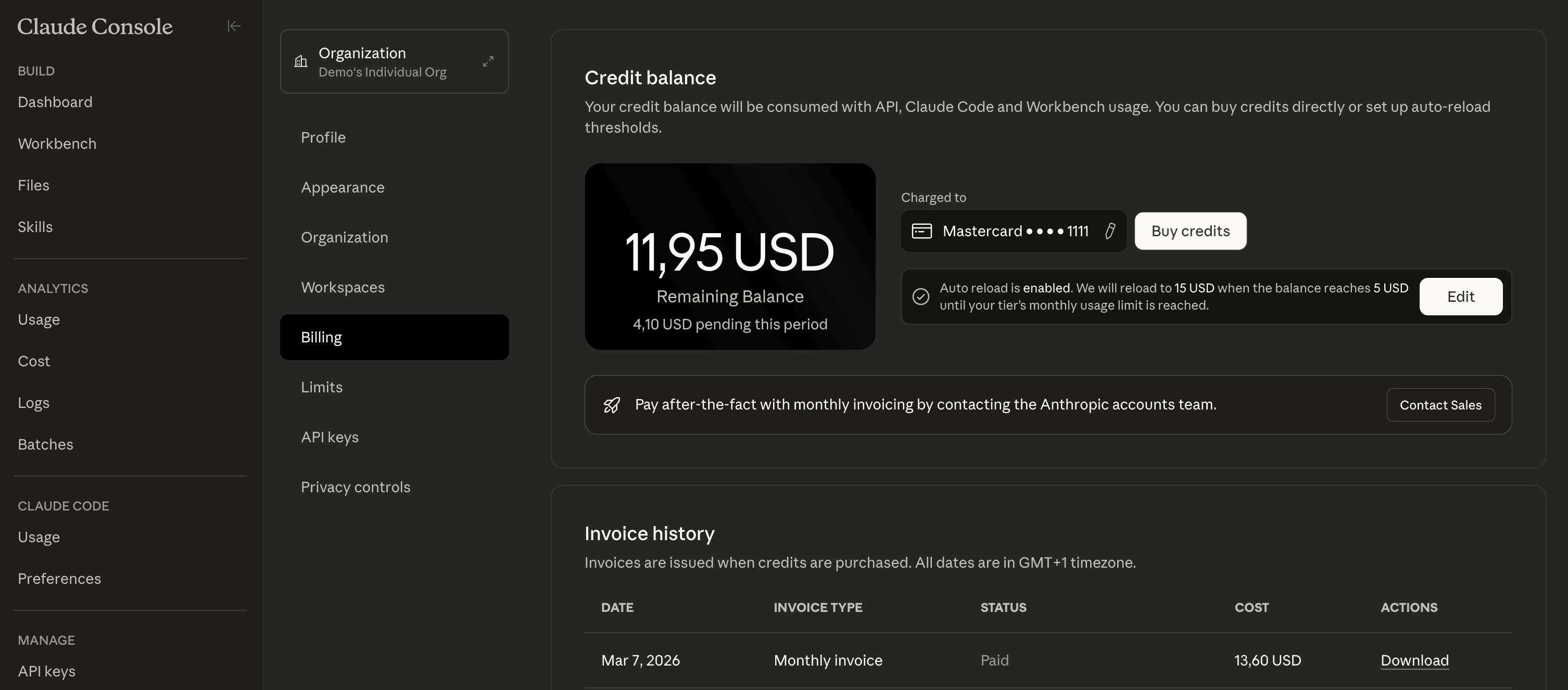 Anthropic Console — billing page