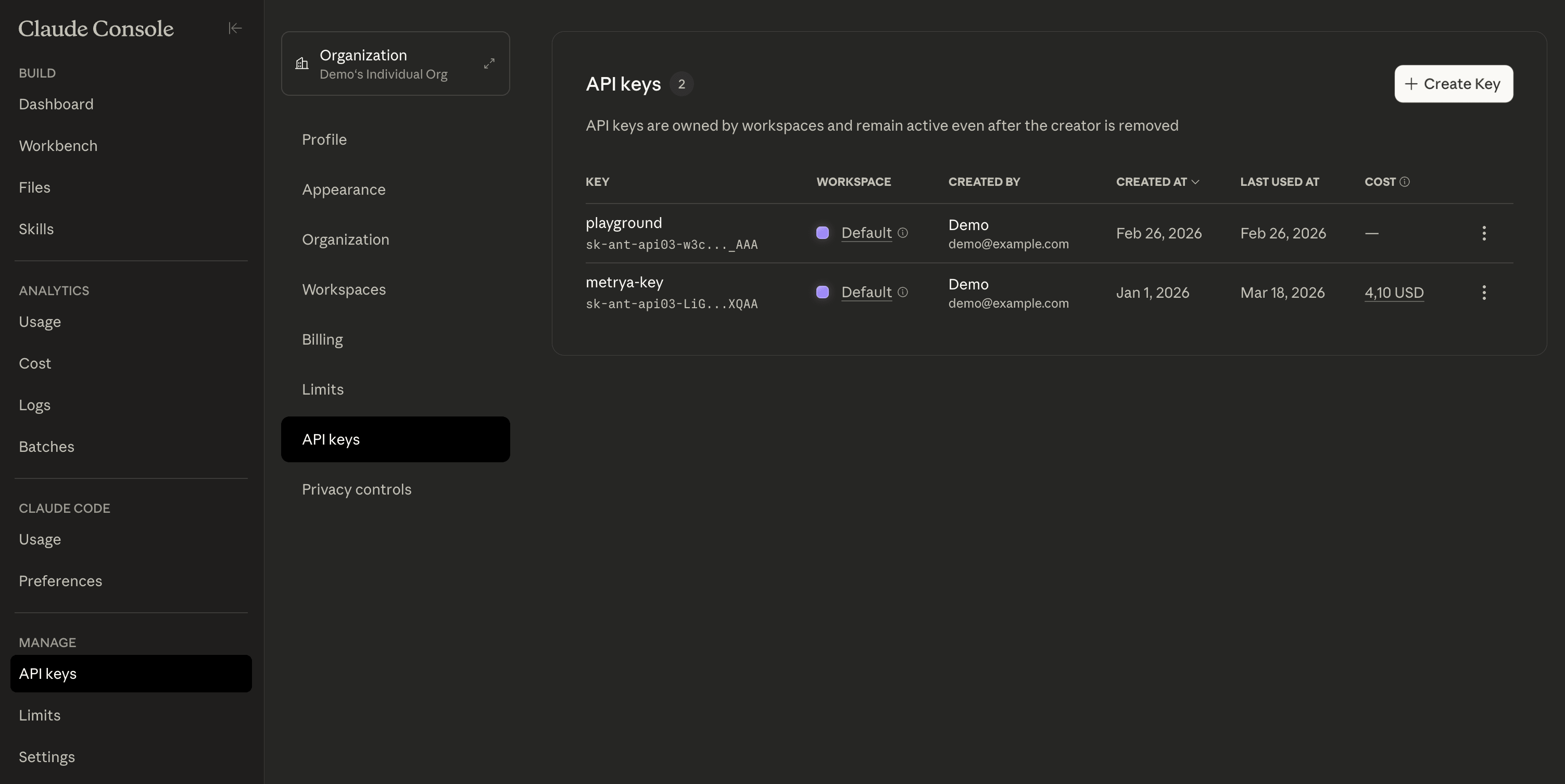 Anthropic Console — API keys page