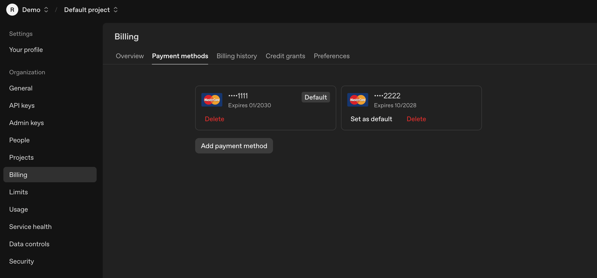 OpenAI Platform — billing page
