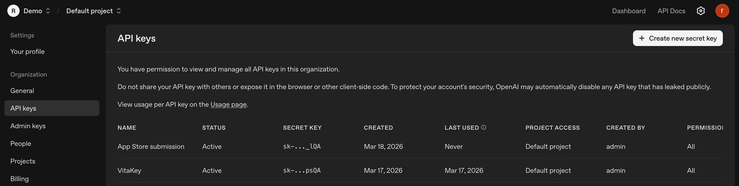 OpenAI Platform — API keys page